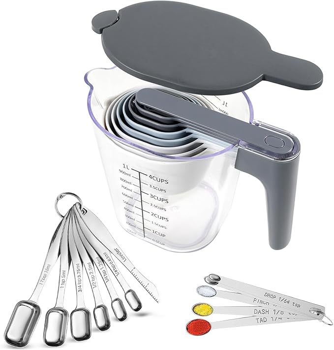 22 Piece Measuring Cups and Spoons Set, Stainless Steel Measuring Spoons Set and Stackable Measuring Cup with Lid for Liquid and Dry Ingredients, Cooking Baking Gadgets