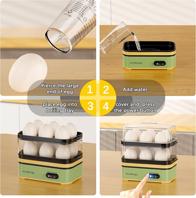Evoloop Rapid Egg Cooker Electric 12 Eggs Capacity, Soft, Medium, Hard Boiled, Poached, Omelet Maker Egg Poacher & Vegetable Steamer, BPA Free Tray（Green）