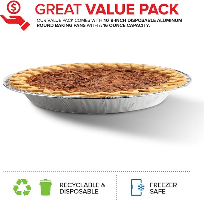 Stock Your Home 9 Inch Aluminum Tart Pie Pans (10 Count) - Disposable & Recyclable Large Pie Pan - Foil Pie Tin for Bakeries, Cafes, Restaurants - Durable Large Foil Pans for Pies, Fruit Tarts, Quiche