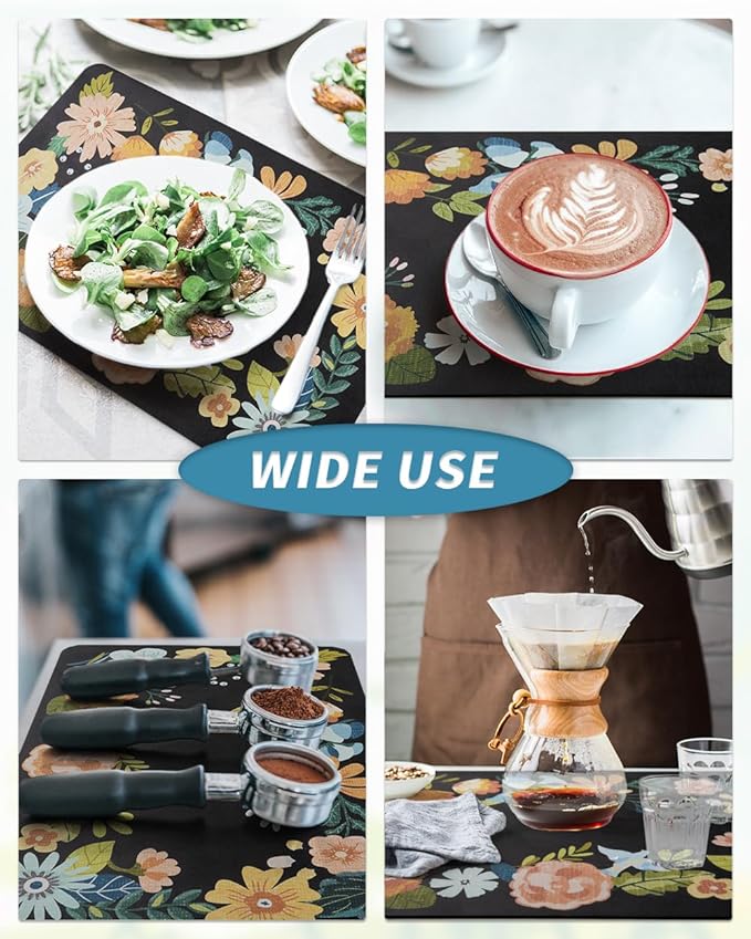 AMOAMI Coffee Mat Hide Stain Rubber Backed Absorbent Dish Drying Mat for Kitchen Counter - Bar Accessories Fit Under Coffee Maker, Espresso Machine, Dish Rack - Floral Black 16x24