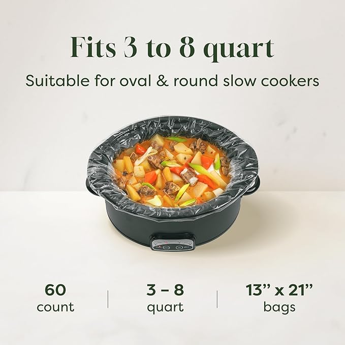 Slow Cooker Liners, Disposable Oval Large Size 13" x 21", 60 Count, Fits 3-8 Quart Pot Cooking Bags for Easy Cleanup, Food Safe & Leak-Proof