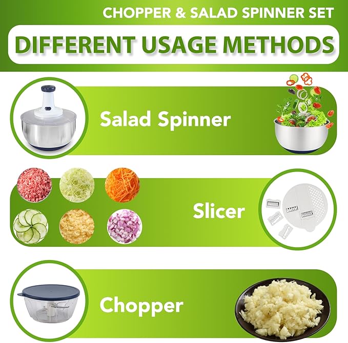 Rorence 3 in 1 Stainless Steel Pump Salad Spinner Food Chopper Set: Large Collapsible Lettuce Spinner, Chopper for Vegetable Slicer and Dicer, 5 QT Mixing Bowl with 5 Graters