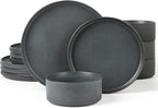 Famiware Star Dinnerware Sets, Plates and Bowls Set for 4, 12 Pieces Ribbed Dishes - Chip and Scratch Resistant, Microwave and Dishwasher Safe Tableware, Matte Dark Charcoal