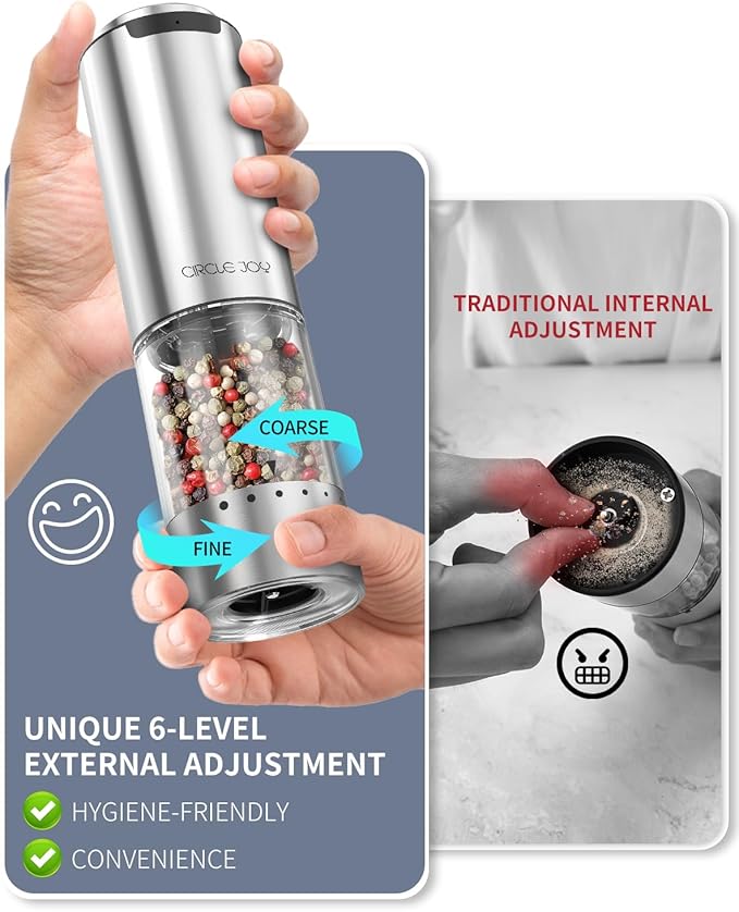 CIRCLE JOY Electric Pepper Grinder Stainless Steel Rechargeable Pepper Mill with External Adjustable Coarseness, 95ml Container and White LED Light, Silver