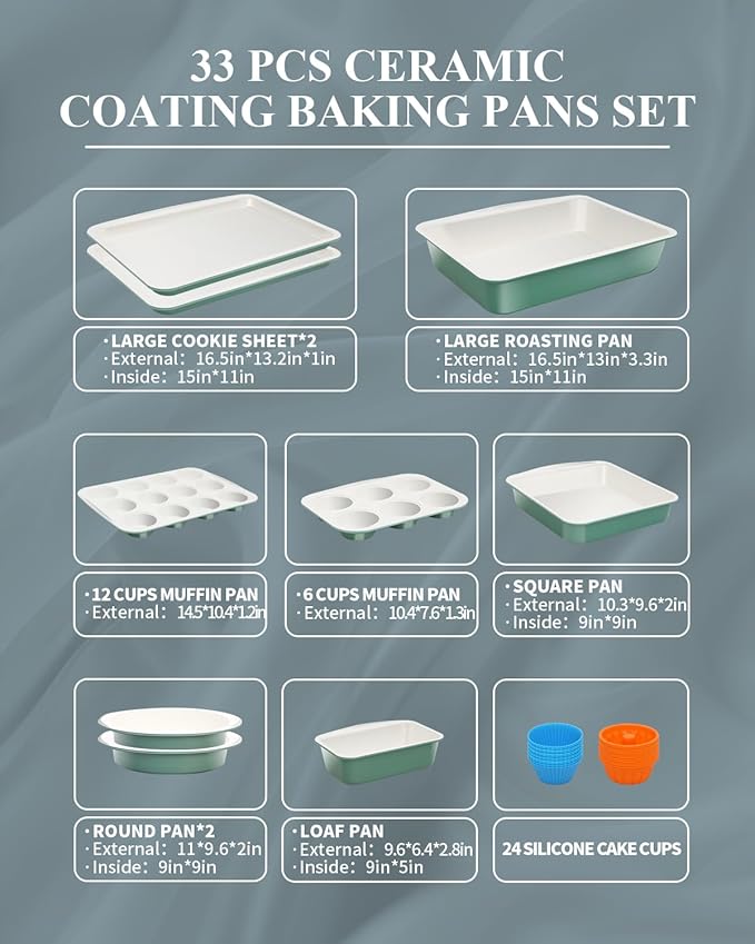 Ceramic Nonstick Baking Pans Set, Non Toxic 33 PCS Stackable Bakeware Sets, 550°F Oven Safe Baking Sheet & Pans, Warp-Free, Dishwasher Safe, PTFE/PFOA/PFOS-Free (Green)