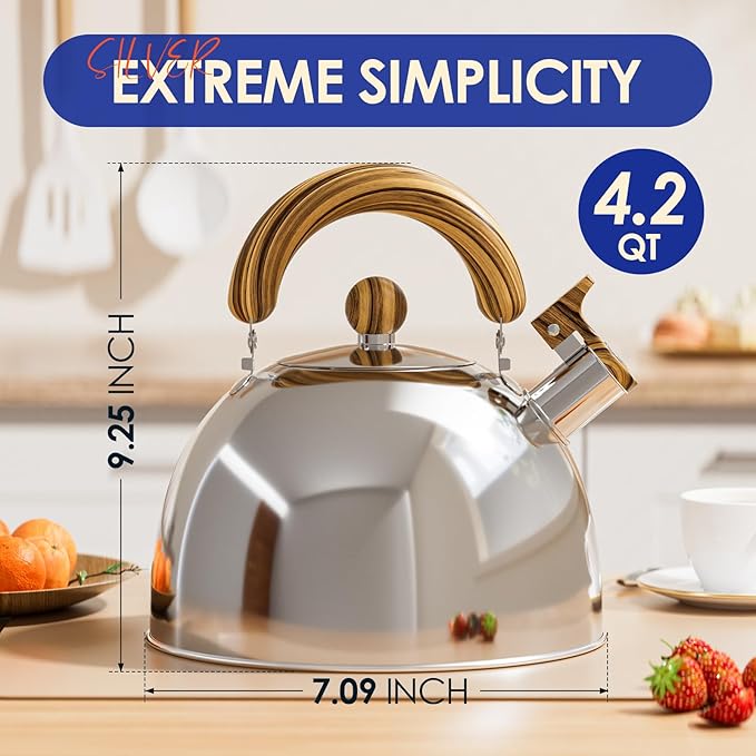 4.2 Quart Tea Kettle Stovetop Whistling for Stove Top Food Grade Stainless Steel Tea Kettles with Cool Wood Pattern Handle, Handle Silver