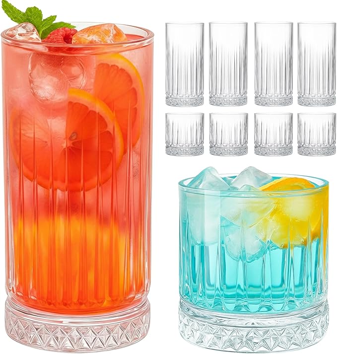 Ruckae Drinking Glasses Set of 8,15 oz and 7 oz Kitchen Water Glass Cups Set,Clear Ribbed Glassware Dishwasher Safe,Mixed Drinkware for Beer,Juice,Cocktail,Whiskey,Milk and Various Mixed Drinks