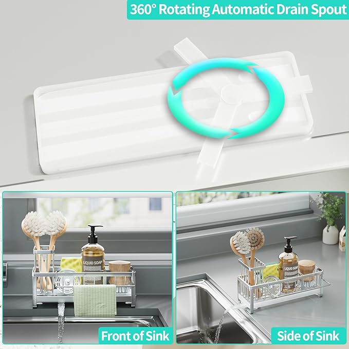 HapiRm Sponge Holder for Kitchen Sink - Self-draining Sink Caddy with Brush Holder and Dishcloth Holder, Stainless Steel Kitchen Organizer - Silver