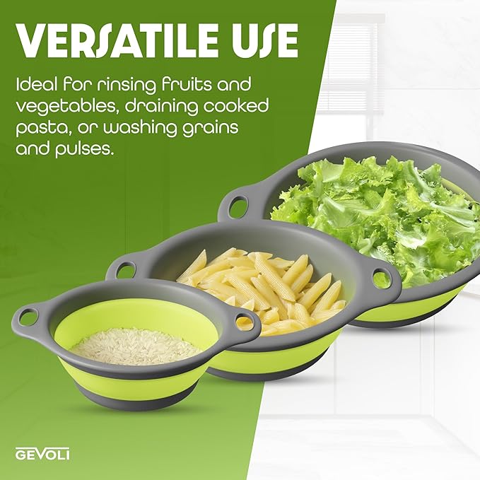 Gevoli 3-Pack Collapsible Colanders with Self-Draining Base, Over Sink-edge Silicone Food Strainers, Small/Med/Large Sizes, Nesting for Easy Compact Storage (3Qt, 4Qt, 5-Quart Set) Green/Gray