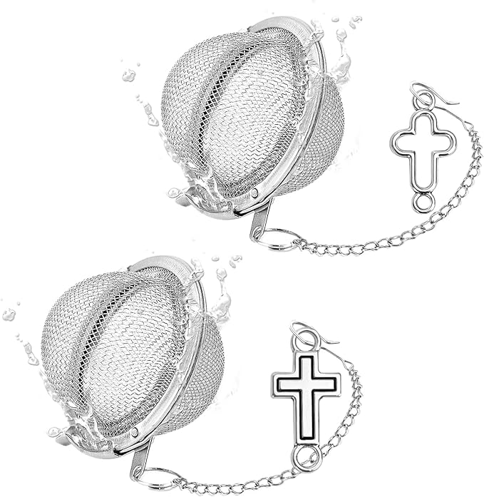 2Pcs Baptism Stainless Steel Mesh Tea Infuser, 2.1inch Tea Ball with Jesus Cross Pendant Christian Gifts,Tea Strainer Tea Diffuser Tea Steeper for Filtering Tea,Tea Infusers for Loose Tea (Cross, 2PC)