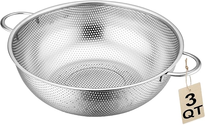Stainless Steel Colander, 3-Quart Micro-Perforated Metal Colander Strainer with Handle for Kitchen/Draining Pasta/Rinsing Vegetables Fruits,Dishwasher Safe - 8.8 Inches