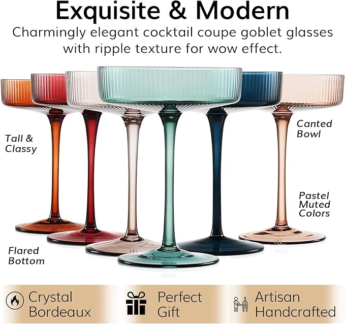 Colored Vintage Art Deco Coupe Glasses - Martini, Cocktail & Champagne Ribbed Glasses 7oz | Set of 6 | Cute Pastel Muted Crystal Cocktail Glassware, Goblet Cocktails, Stemmed Ripple Glassware Gift Box