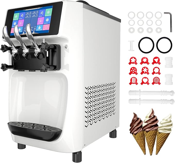 Commercial Ice Cream Maker Machine, 10 Inch LCD Touch Screen Dual System Independent Operation, 6.8 to 8.4 Gal/H Soft Serve Ice Cream Machine With Pre-cooling Frequency Conversion