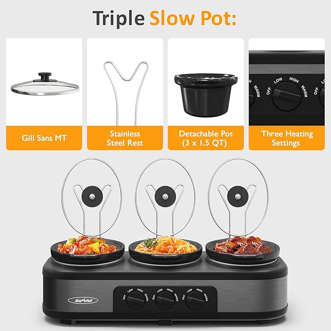 Triple Slow Cooker, Buffet Food Warmer with 3 * 1.5 Quarts Removable Ceramic Pots, Buffet Servers and Warmers with Glass Lids and 3 Spoons, Stainless Steel,Grey
