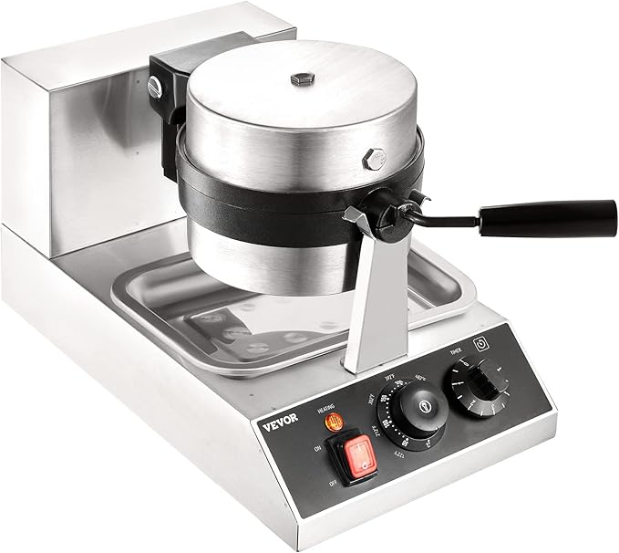 VEVOR Commercial Waffle Maker, 1300W Round Waffle Iron, Non-Stick Rotatable Waffle Baker Machine With 122-572℉ Temp Range and Time Control, Teflon-Coated Baking Pan Stainless Steel Body 120V
