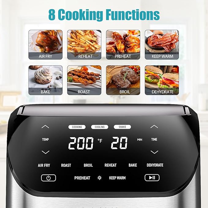 Air Fryer 6.2 QT Large Capacity Oilless Hot Air Fryers Oven 1500W Healthy Cooker with 10 Presets, Digital LCD Touch Screen, Visual Cooking Window, Non-Stick Basket, Included Recipe (Silver-L)
