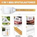 Grandpa Gifts from Grandkids Fathers Day, Grandpa Gift Heavy Duty Wooden BBQ Grilling Accessories Kit for Backyard, Thick Stainless Steel Grill Utensils with Non-Slip Handle Tools in Portable Bag
