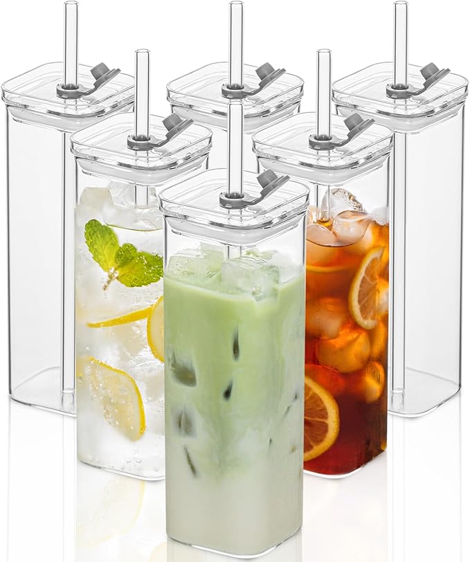 6 Sets Square Drinking Glass Cups, Old Fashioned Glasses, 17 Oz Square Glasses, Clear Highball Modern Glassware Tumbler Mixed Drinkware with Straws for Cocktail Coffee Juice Beer (Square-6PCS)