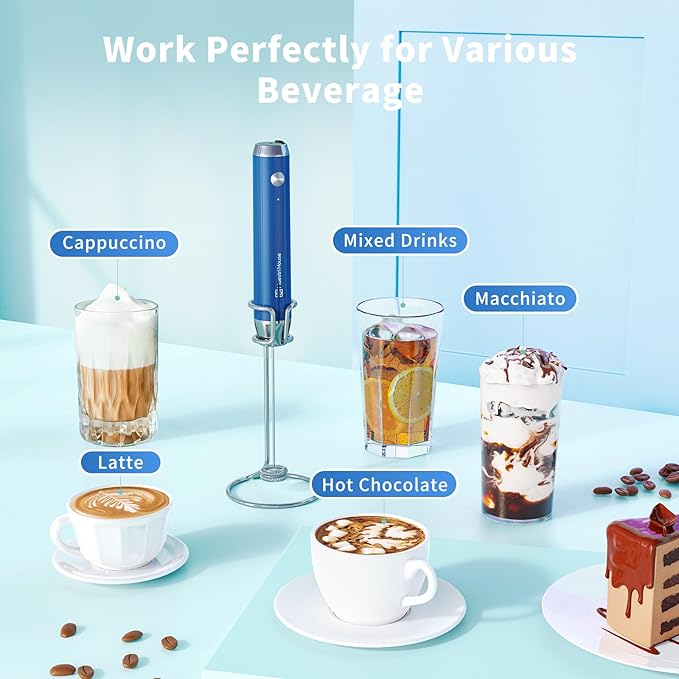 Maestri House Rechargeable Milk Frother with Stand, LunaFro Handheld Electric Foam Maker Waterproof Detachable Stainless Steel Whisk Drink Mixer Foamer for Lattes, Cappuccino