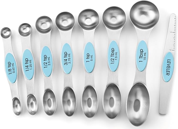 Spring Chef Stainless Steel Magnetic Measuring Spoons Set of 8 with Leveler, Nesting Metal Teaspoon & Tablespoon Measuring Spoons, Fits in Spice Jars, Kitchen Gadgets for Baking & Cooking - Aqua Sky