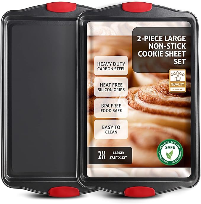 Baking Sheet Set, 2-Piece Large Cookie Sheet Set with Silicone Handles, Steel Baking Pan, Baking Sheets for Oven, BPA Free Cookie Sheets for Baking Nonstick Set, Premium Sheet Pan, Black Baking Tray