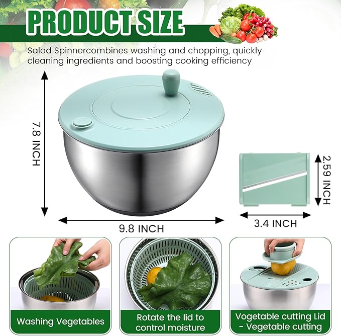 LemonRoad Stainless Steel Salad Spinner Large, Vegetables Fruits Washing Bowl, Fruits Lettuce Dryer with 5 Blade Slicer Egg Yolk Strainer Shredder for Kitchen Efficient Salad Preparation, 5.3 Qt