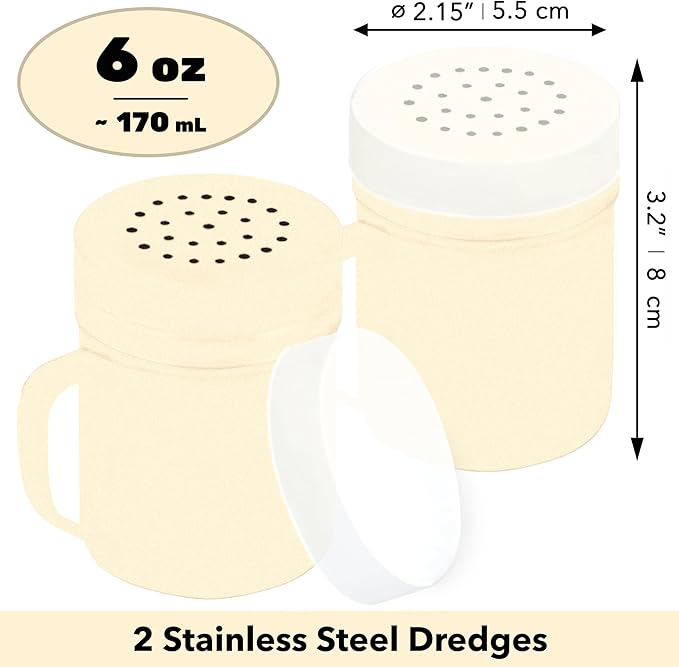 CUSINIUM 6oz Beige Stainless Steel Salt Pepper Dredge Shakers - With Plastic Cap - With Handle - Pack of 2
