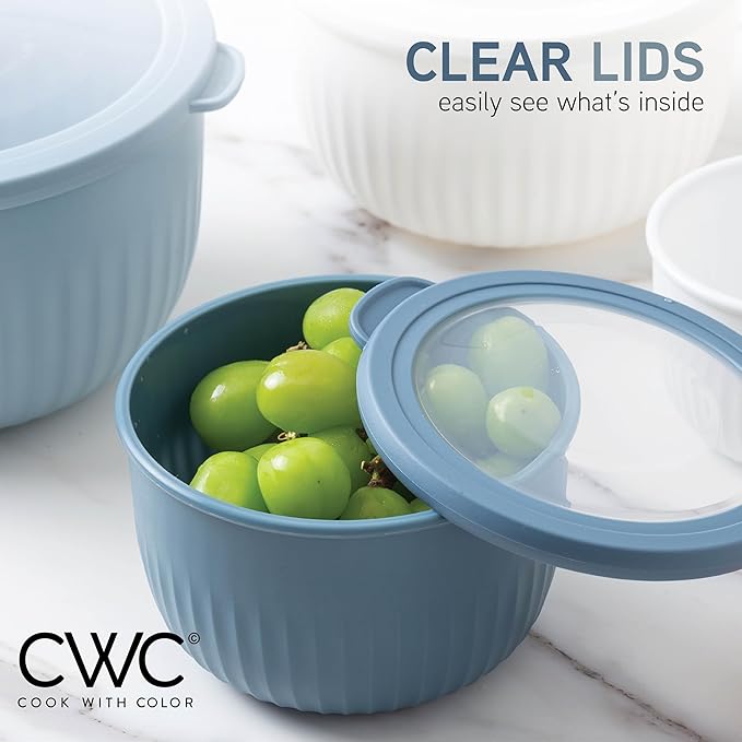 COOK WITH COLOR Prep Bowls with Lids- Wide and Deep Nesting Plastic Small Mixing Bowl Set with Lids, 8 Piece Set - Deep Bowls, Blue/Grey