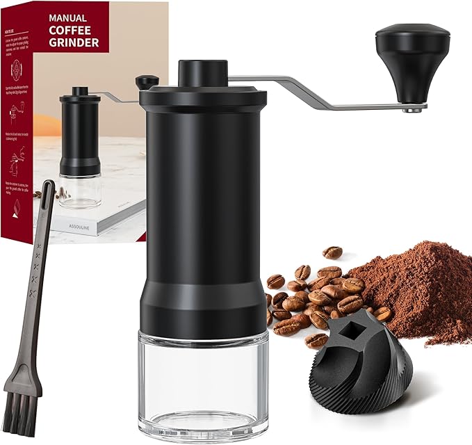 Manual Coffee Grinder Hand Coffee Bean Grinder Burr Grinder, Adjustable Coarseness Ceramic Burr Glass Jar Stainless Steel Crank Brush, for Espresso French Press Drip, Moulin à Café Manuel