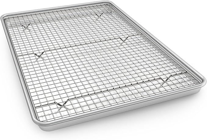 Half Sheet Pans with Rack Set, 18 Inch Commercial Quality Baking Sheet Pan Set, Natural Aluminum Cookie Sheet, Warp Resistant Nonstick Thick Cookie Tray Pans for Baking, Roasting
