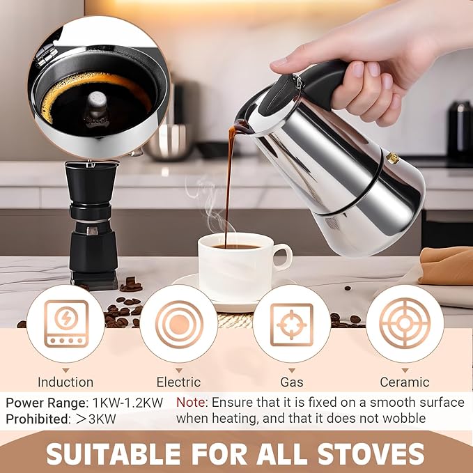 Moka Pot, 4 Cups (7.1 oz) Stovetop Espresso Maker, 304 Stainless Steel Moka Pot, Induction Compatible, Silver