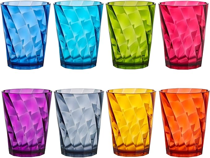 US Acrylic Optix Plastic Reusable Drinking Glasses (Set of 8) 14oz Rocks Cups in Jewel Tone Colors | BPA-Free Tumblers, Made in USA | Top-Rack Dishwasher Safe