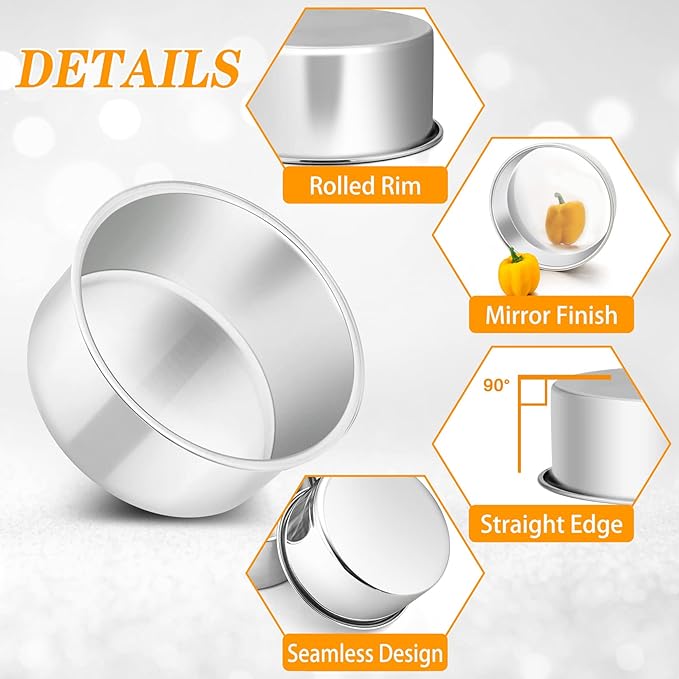 P&P CHEF 4 Inch Round Cake Pan Set of 3, Stainless Steel Round Baking Layer Pans Bakeware for Layer Birthday Cake, Fit Oven/Pots/Pressure Cooker, Leakproof & Dishwasher Safe, Silver