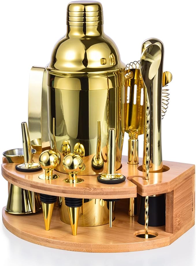 Bartender Kit with Stylish Bamboo Stand, 12 Piece 25oz Cocktail Shaker Set for Mixed Drink, Professional Stainless Steel Bar Tool Set, Gift for Man Dad- Cocktail Recipes Booklet (Gold)