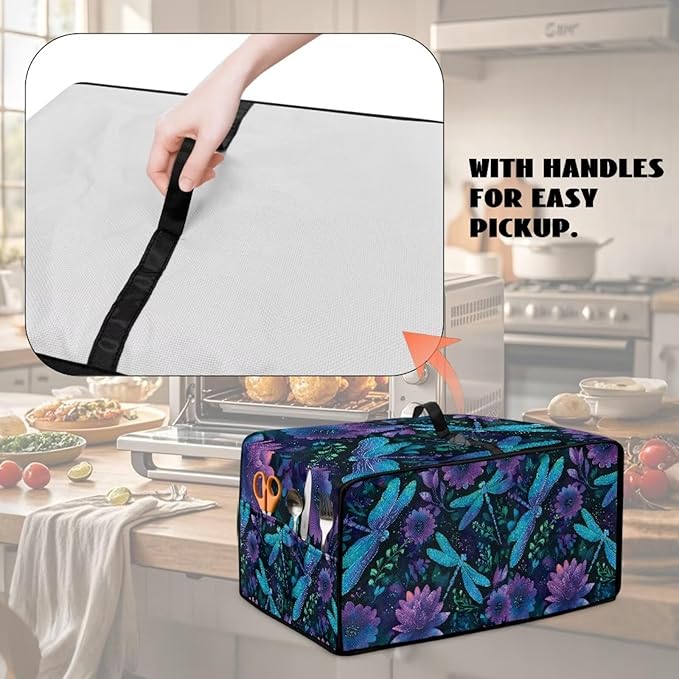 Dragonfly Lotus Print Toaster Oven Cover Compatible with Most Toaster Ovens, Heavy Duty Dust-proof Microwave Oven Cover for Kitchen Counter, Purple (Large-18.5 * 22.5 * 12.99 inches)