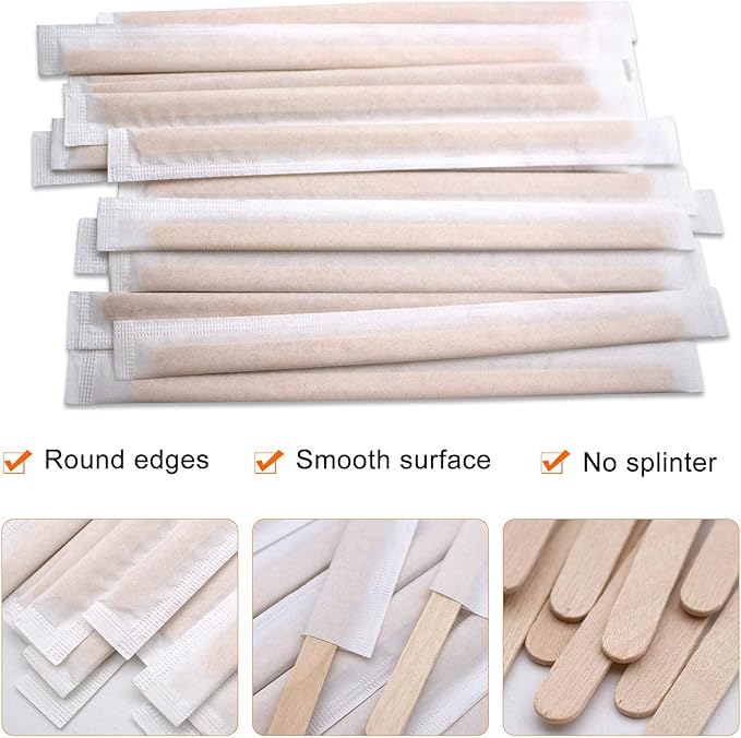 BLUE TOP Individually Paper Wrapped Wooden Coffee Stirrers 4.3 Inch Pack 500, Disposable Wood Sticks for Coffee/Tea/Hot Beverage/Hot Chocolate/Cold Drinks, Wood Blenders for Butter Sugar,Craft Stick