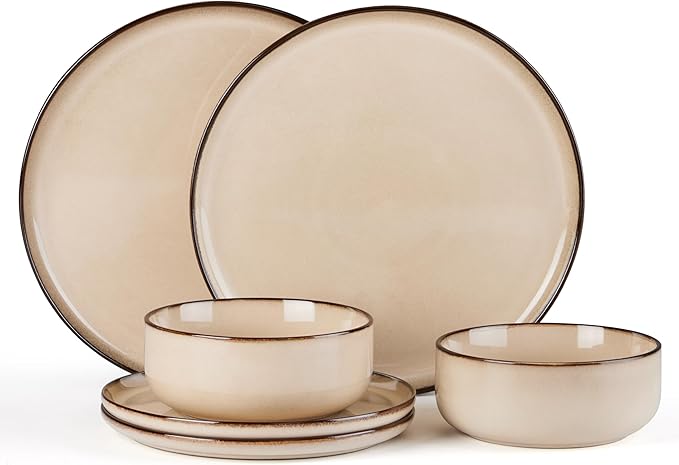 E-far 6-Piece Plates and Bowls Set, Stoneware Dinnerware Sets for 2, Reactive Glaze Ceramic Dinning Ware Dishes, Microwave & Dishwasher Safe - Sandy Beige