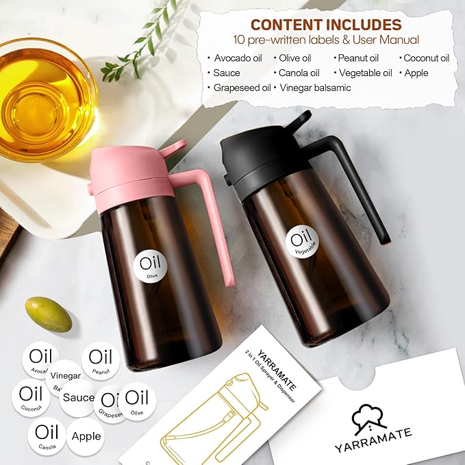 YARRAMATE 16oz/470ml Dark Brown Oil Sprayer for Cooking with Stickers, Food-grade Premium 2 in 1 Olive Oil Dispenser Bottle for Kitchen Gadgets, Air Fryer, Salad, Frying, BBQ (Pink)