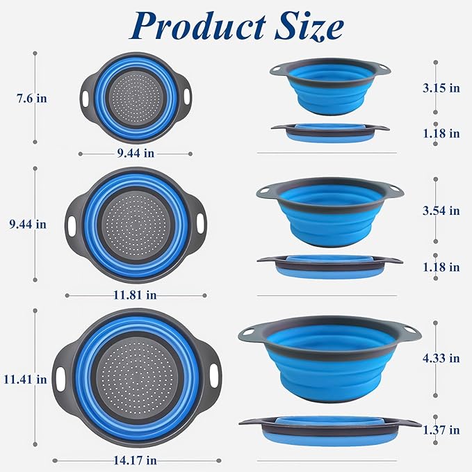Collapsible Colander Set of 3, Space-Saving Foldable Strainer for Kitchen, 3 Sizes Food Strainer for Draining Pasta, Vegetable and Fruit, Kitchen Gadgets for Home Use and Outdoor Camping (Blue)