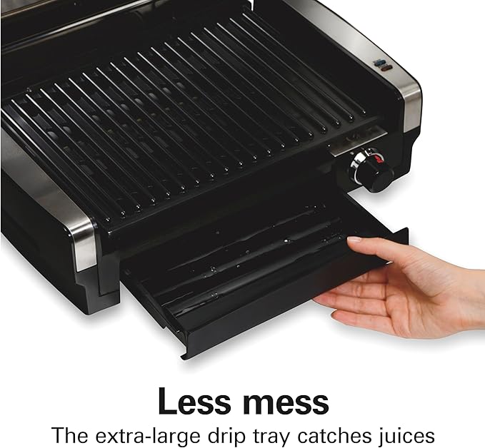 Hamilton Beach Electric Indoor Searing Grill with Adjustable Temperature Control to 450F, 118 sq. in. Surface Serves 6, PFAS-Free Removable Nonstick Grate, Stainless Steel (25360)