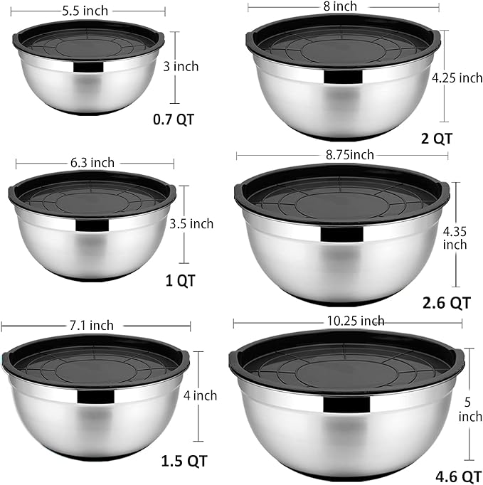 P&P CHEF Mixing Bowls With Lids, Set of 6, Stainless Steel Nesting Mixing Bowls & Fitting Lids & Non-Slip Silicone Bottom, Ideal for Mixing, Storing, Size 0.7/1/1.5/2.5/3/4.6 Qt, Black