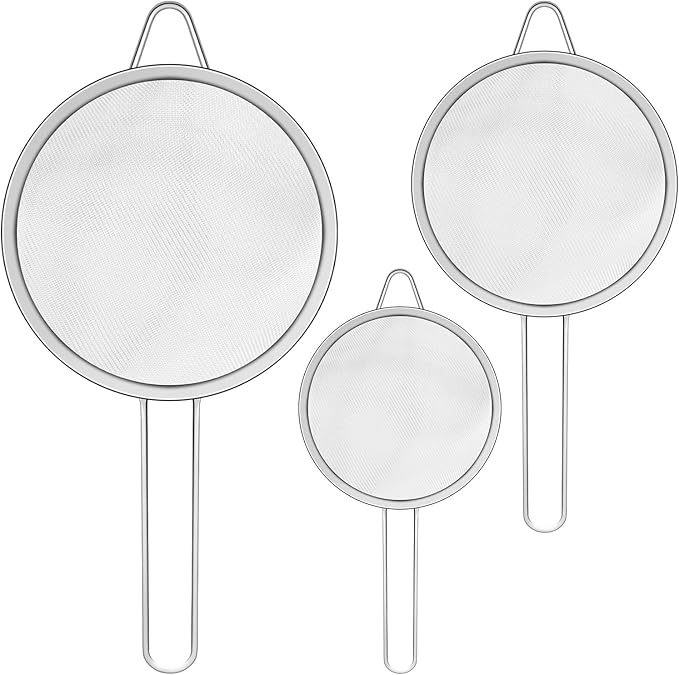 NUOMI Set of 3 Fine Mesh Strainer Spoon Stainless Steel Sieve Colander Sets Multifunctional Food Strainer with Long Handle for Sifting Flour, Tea, Frying Oil, Coffee Powder, Juice, Dia. 8/14/20 CM