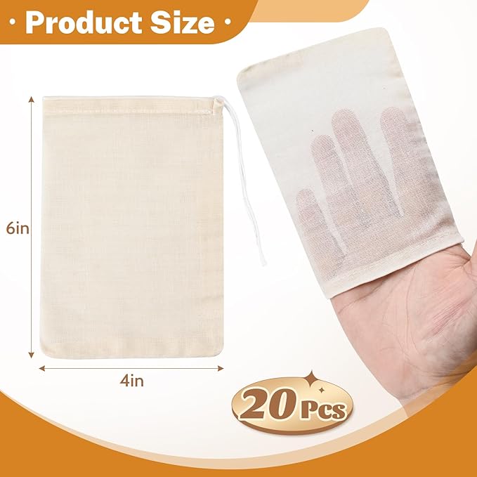 20 Pcs Muslin Bags with Drawstring, Reusable Tea Bags, Spice Bags for Cooking Soup/Herb/Loose Leaf Tea, Natural Cotton Cheese Cloth Bag for Straining, Sachet Bags Empty, 6 x 4 Inches
