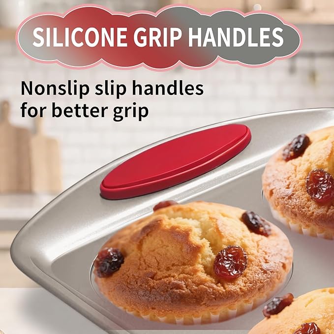 Muffin Pan 6-Cup, 2-Pack Nonstick 6 Tin Cupcake Pan with Silicone Grip Handles, Toaster Oven Baking Supplies Small Cheesecake Cup Cake Tray- Non-toxic & Dishwasher Safe