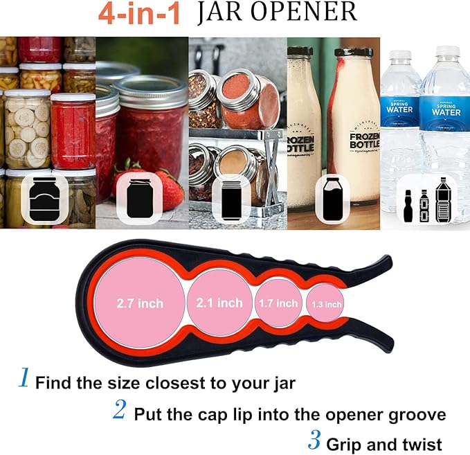 Bloss Jar Opener Bottle Opener Jar Gripper for Weak Hands, Seniors With Arthritis and Children, 4 in 1 Multi-Function Non Slip Colorful Can Opener Tool Get Lids Off Easily, Black Red
