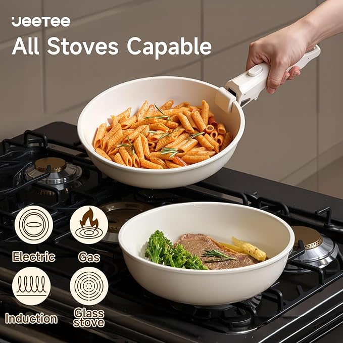 JEETEE Pots and Pans Set Non Stick 19pcs, Kitchen Cookware Sets with Detachable Handle, Induction Nonstick Cookware Set with Removable Handle, Stackable RV Cookware, Oven Safe, PFAS/PFOA Free, Beige