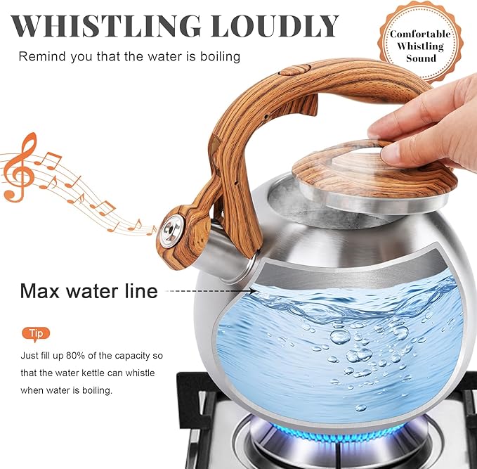 GGC Tea Kettle for Stove Top, 3.1QT/3L Whistling Tea Kettles for Boiling Water Coffee or Milk, Stainless Steel kettle Pot with Wood Parttern Handle for Home and Kitchen