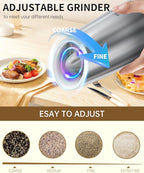 CIRCLE JOY Rechargeable Gravity Electric Salt and Pepper Grinder Set, Stainless Steels Salt and Pepper Mills with LED Light, No Battery Needed, Adjustable Coarseness, Washable 135ml Container, Silver