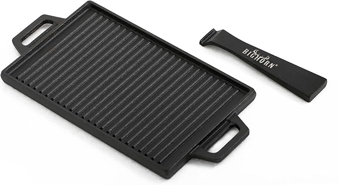 BIG HORN OUTDOORS Cast Iron Griddle Reversible Grill Plate with Handle for Oven, Stove, Grill