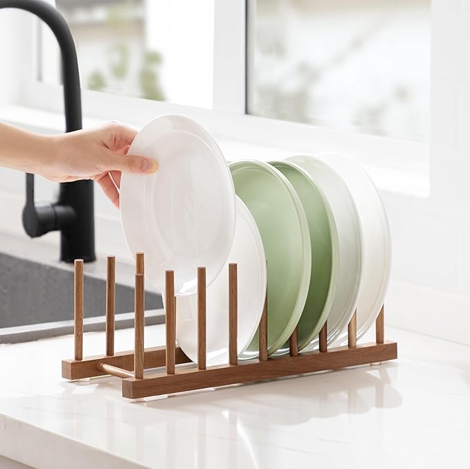 HBlife 4pcs Acacia Wooden Dish Dying Rack Pot Lid Plate Organizer Holder for Cabinet, Cutting Board Stand Drainer Storage Plate Rack for Dish, Pot Lid, Bowl, Cup, Cutting Board and Books